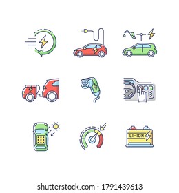 Electric vehicle RGB color icons set. Modern eco clean transportation. Hybrid, fully electric and solar cars benefits for environment. Isolated vector illustrations