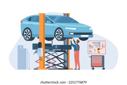 Electric vehicle service concept. The mechanic removed the battery from the car using a lift and makes repairs. Vector illustration.