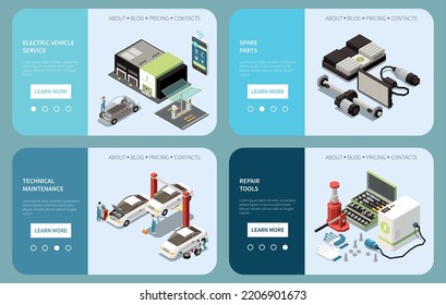 Electric vehicle service isometric landing pages set with information about spare parts repair tools technical maintenance vector illustration