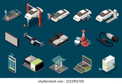 Electric vehicle service isometric set of portable charger lithium battery repair tool box charging station lift jack isolated icons vector illustration