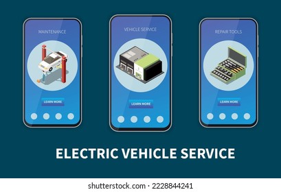 Electric vehicle service set of three smartphones with app providing information about maintenance and repair tools isometric vector illustration