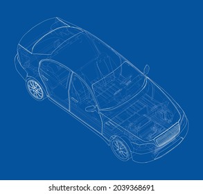 Electric Vehicle Sketch. Vector rendering of 3d. Wire-frame style. The layers of visible and invisible lines are separated. Orthography or isometric