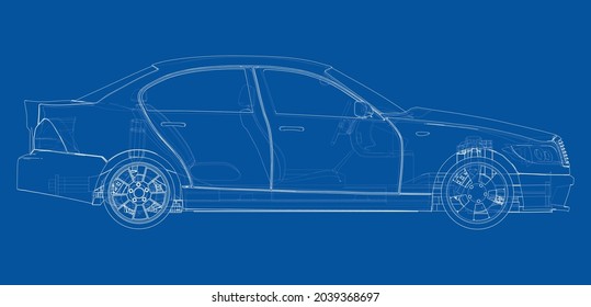 Electric Vehicle Sketch. Vector rendering of 3d. Wire-frame style. The layers of visible and invisible lines are separated. Orthography or isometric
