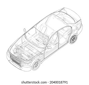 Electric Vehicle Sketch. Vector rendering of 3d. Wire-frame style. The layers of visible and invisible lines are separated. Orthography or isometric