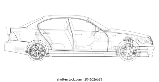 Electric Vehicle Sketch. Vector rendering of 3d. Wire-frame style. The layers of visible and invisible lines are separated. Orthography or isometric