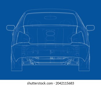 Electric Vehicle Sketch. Vector rendering of 3d. Wire-frame style. The layers of visible and invisible lines are separated. Orthography or isometric