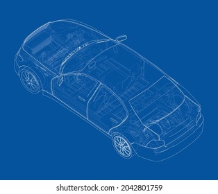 Electric Vehicle Sketch. Vector rendering of 3d. Wire-frame style. The layers of visible and invisible lines are separated. Orthography or isometric