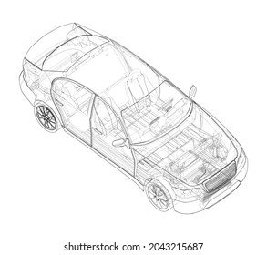 Electric Vehicle Sketch. Vector rendering of 3d. Wire-frame style. The layers of visible and invisible lines are separated. Orthography or isometric