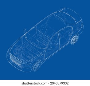 Electric Vehicle Sketch. Vector rendering of 3d. Wire-frame style. The layers of visible and invisible lines are separated. Orthography or isometric