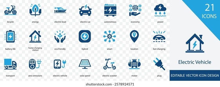 Electric vehicle solid icon set. containing autonomous, smart, eco friendly, fast charging, zero emissions and more vector design