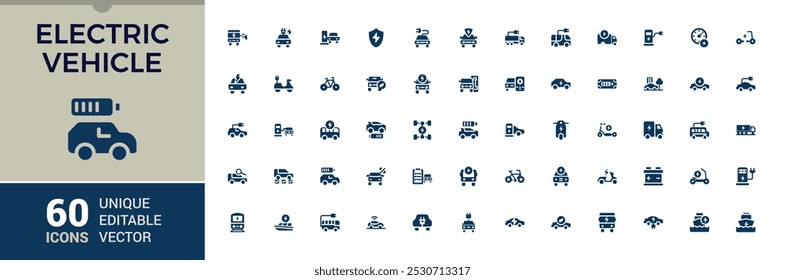 Conjunto de ícones sólidos do veículo elétrico. Relacionado ao carro elétrico, estação de carregamento, bateria, e-car, scooter elétrico e mais preenchido coleção de ícones. Editável e pixel perfeito.