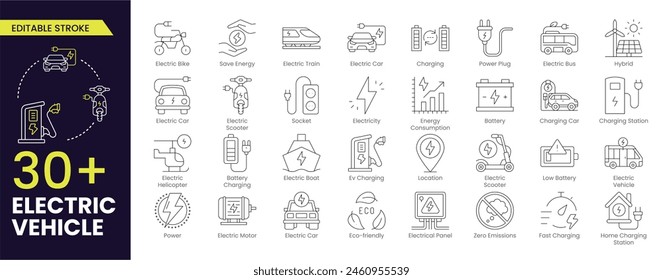 Electric Vehicle Stroke icon collections. Containing electric car, charging station, battery, EV charging, e-bike, hybrid, e-car, electric scooter and power. Editable Outline icon collection