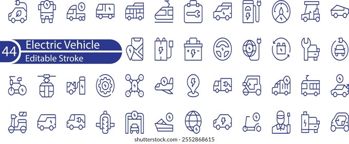 Elektrische Fahrzeug Stroke Icon Kollektionen. Enthaltend Elektroauto, Ladestation, Batterie, E-V-Aufladung, E-Bike, Hybrid, E-Auto, Elektroroller und Strom.