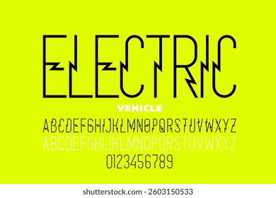 Electric Vehicle. Electric style font, alphabet letters and numbers vector illustration