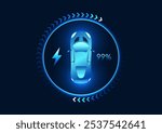 Electric Vehicle Technology The car screen shows the status of the battery charge, along with an arrow, indicating that the car is powered by electric power instead of gasoline. It is green energy.