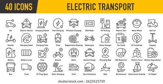 Veículo elétrico ou transporte web ícones no estilo de linha traço editável. Carro elétrico, bateria, estação de carregamento, painel solar, alcance, plugue, coleção. Ilustração vetorial.