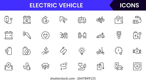 Electric vehicle web line icon collection, sleek, vector illustrations featuring stations, batteries, and eco-friendly symbols, perfect for sustainable tech designs.