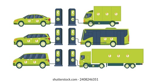 Elektrofahrzeuge. Elektroautos, die auf dem Parkplatz mit Ladestationen geladen werden. Satz von Elektrofahrzeugen: Bus, Lastwagen, Lieferwagen, Geschäftsfahrzeuge.