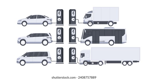 Vehículos eléctricos. Flota de automóviles eléctricos cargando en estacionamiento con estaciones de carga. Conjunto de vehículos eléctricos: bus, camión, furgoneta, vehículos de negocios.