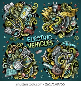 Electric Vehicles cartoon vector doodle designs set. Colorful detailed compositions with lot of EVobjects and symbols