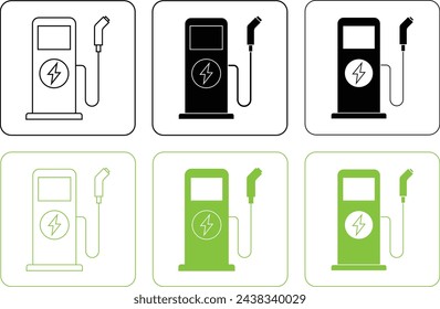 Iconos de puntos de carga de vehículos eléctricos, símbolos en diferentes estilos. Señal cuadrada de la estación de carga del coche. Trazo editable. Ilustración vectorial