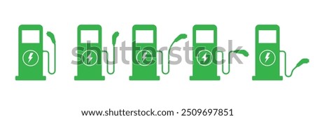 Electric vehicles charging point icons. EV charging point station. Car charge station sign.