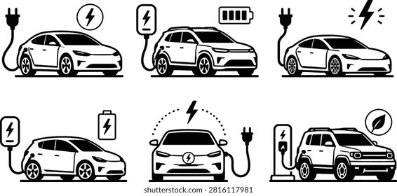 Electric vehicles charging with various power sources illustration set
