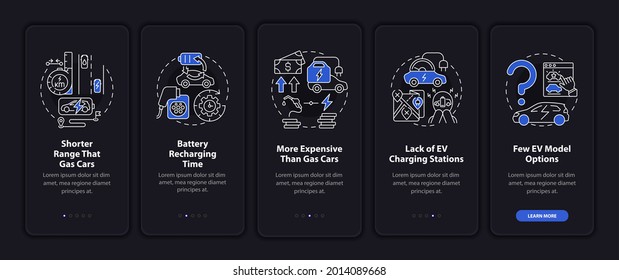 Electric vehicles cons onboarding mobile app page screen. EV limitations walkthrough 5 steps graphic instructions with concepts. UI, UX, GUI vector template with linear night mode illustrations