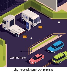 Electric Vehicles Curbside Charging Stations On City Street Isometric Composition With Platform Truck Van Recharging Vector Illustration