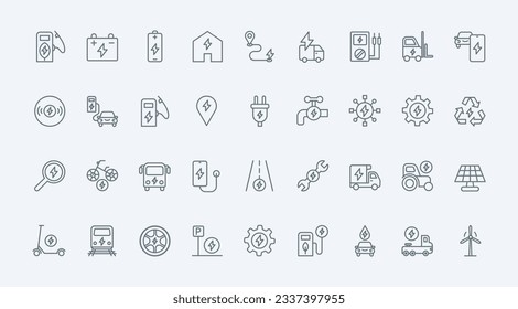 Los vehículos eléctricos y los iconos de la línea delgada de energía configuran la ilustración vectorial. Símbolos de servicio de EV, consumo, producción y almacenamiento eficientes de energía eléctrica para salvar el medio ambiente, puntos de carga de baterías