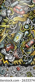 Handgezeichnetes Doodle-Banner für Elektrofahrzeuge. Cartoon Detailflyer. Automotive Identität mit Objekten und Symbolen. Farbvektordesign-Elemente, Hintergrund