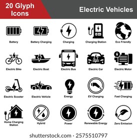 Electric Vehicles Icon Set Collection. Containing Battery, Charging, Eco Friendly, Electric Bike, Electric Boat, Car, Energy, Fast Charging, Renewable Energy. Simple Glyph Vector Illustration.