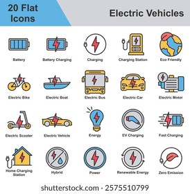 Electric Vehicles Icon Set Collection. Containing Battery, Charging, Eco Friendly, Electric Bike, Electric Boat, Electric Car, Energy, Fast Charging, Renewable Energy. Simple Flat Vector Illustration.