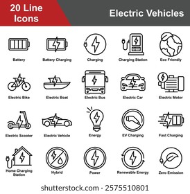 Electric Vehicles Icon Set Collection. Containing Battery, Charging, Eco Friendly, Electric Bike, Electric Boat, Electric Car, Energy, Fast Charging, Renewable Energy. Simple Line Vector Illustration.