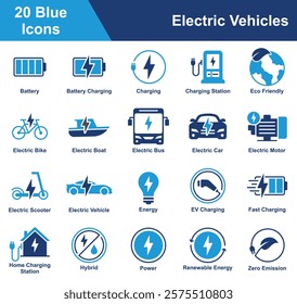 Electric Vehicles Icon Set Collection. Containing Battery, Charging, Eco Friendly, Electric Bike, Electric Boat, Electric Car, Energy, Fast Charging, Renewable Energy. Simple Blue Vector Illustration.