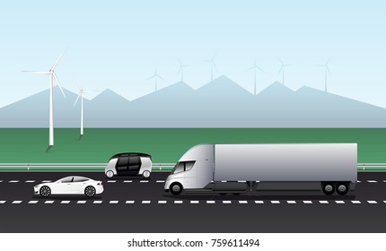 Electric vehicles on the road. Car, truck and autonomous bus. Vector illustration EPS 10