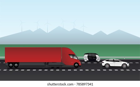 Electric vehicles on the road. Car, truck and autonomous bus. Vector illustration EPS 10