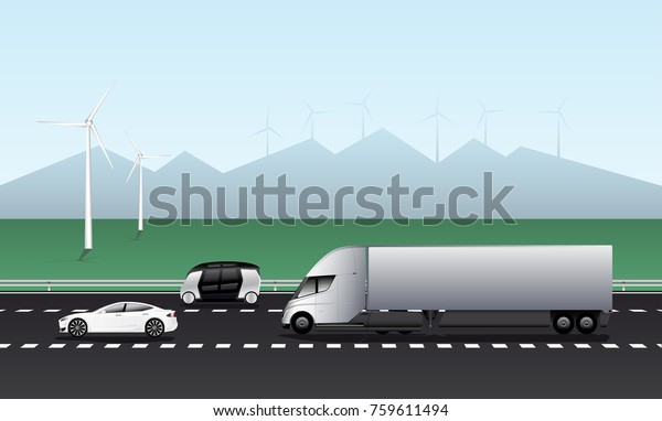 Electric vehicles on the road. Car,\
truck and autonomous bus. Vector illustration EPS\
10