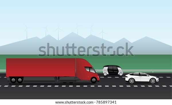 Electric vehicles on the road. Car,\
truck and autonomous bus. Vector illustration EPS\
10