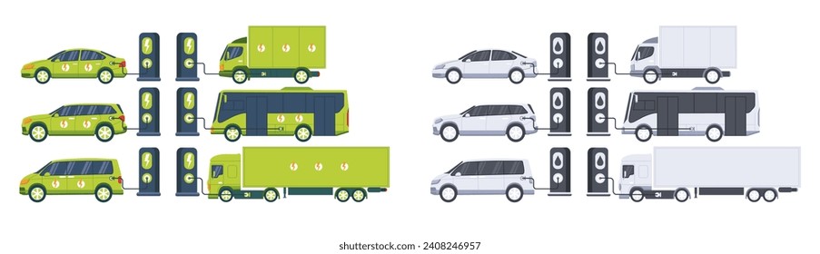 Elektrofahrzeuge. Elektrische und Benzinflotte, die auf dem Parkplatz mit Ladegeräten und Tankstellen aufgeladen wird. Satz von Elektrofahrzeugen: Bus, Lastwagen, Lieferwagen, Geschäftsfahrzeuge.