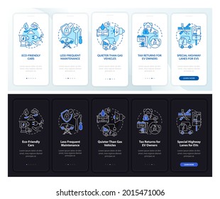 Vehículos eléctricos más pantalla de la página de aplicaciones móviles a bordo. Recorrido de beneficios de EV 5 pasos instrucciones gráficas con conceptos. plantilla de interfaz de usuario, UX, interfaz gráfica de usuario vectorial con ilustraciones de modo nocturno y diario lineal
