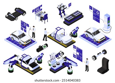 Veículos elétricos produção 3d isométrica mega conjunto em isometria design gráfico. Elementos de coleção de carro de processamento de braço robótico, linhas de montagem, rodas, cadeira, engenheiros, outros. Ilustração vetorial.