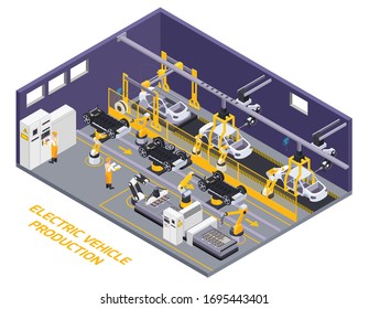 Electric Vehicles Production Facility Interior Robotic Assembly Line Remote Controlled Conveyor Belt Element Isometric View Vector Illustration 