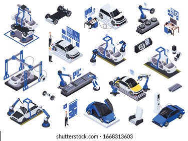 Electric vehicles production  isometric icons set with robotic assembly line testing charging   holographic projections screens vector illustration 