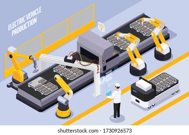 Electric vehicles production line isometric composition with automated remote controlled robotic arms assembly conveyor system vector illustration 