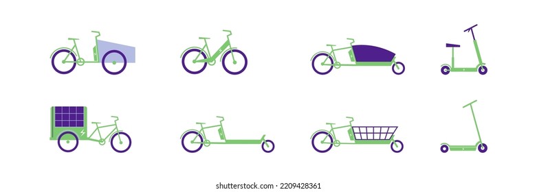 Electric vehicles set. Electric bike, cargo bike, scooter. Flat vector illustration