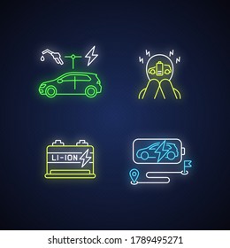 Electric vehicles travel neon light icons set. Hybrid cars, lithium ion battery reserve and range anxiety signs with outer glowing effect. EV disadvantages. Vector isolated RGB color illustrations