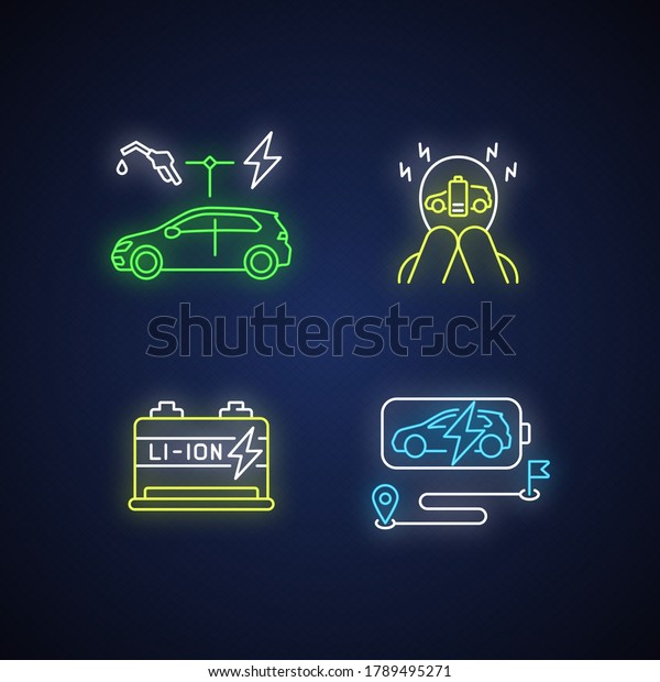 Electric vehicles travel neon light icons\
set. Hybrid cars, lithium ion battery reserve and range anxiety\
signs with outer glowing effect. EV disadvantages. Vector isolated\
RGB color\
illustrations