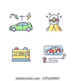 Electric vehicles travel RGB color icons set. Hybrid cars, lithium ion battery reserve and range anxiety. EV possible disadvantages. Isolated vector illustrations