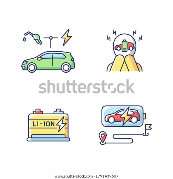 Electric vehicles travel\
RGB color icons set. Hybrid cars, lithium ion battery reserve and\
range anxiety. EV possible disadvantages. Isolated vector\
illustrations